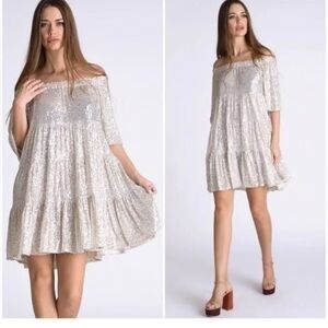 NWT retail $178 one size Reclectic Elegant Silver Sequin Off-Shoulder Dress